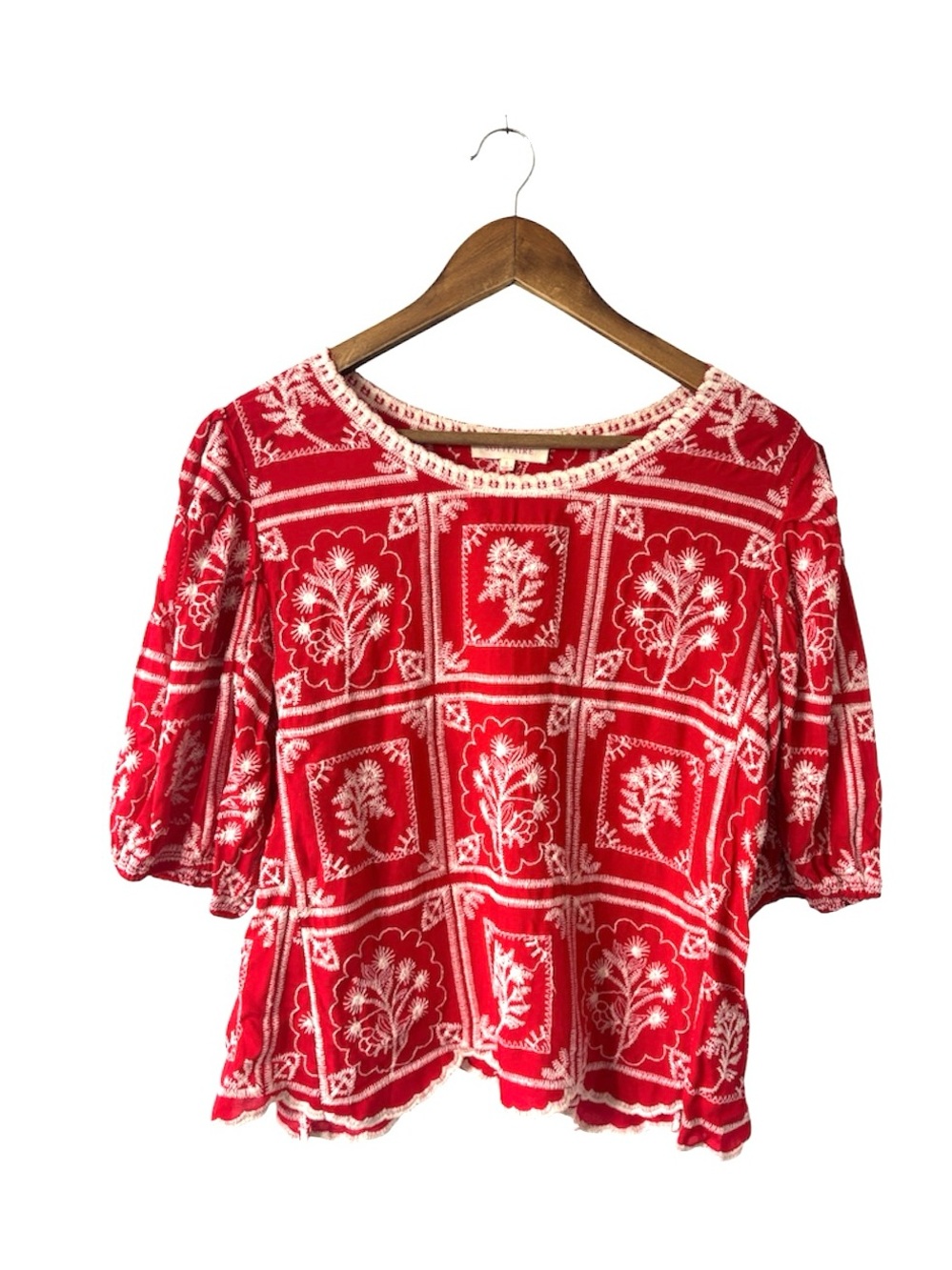 Solitaire Red White Embroidery Peasant Puff Sleeve Blouse Top Shirt Size Large